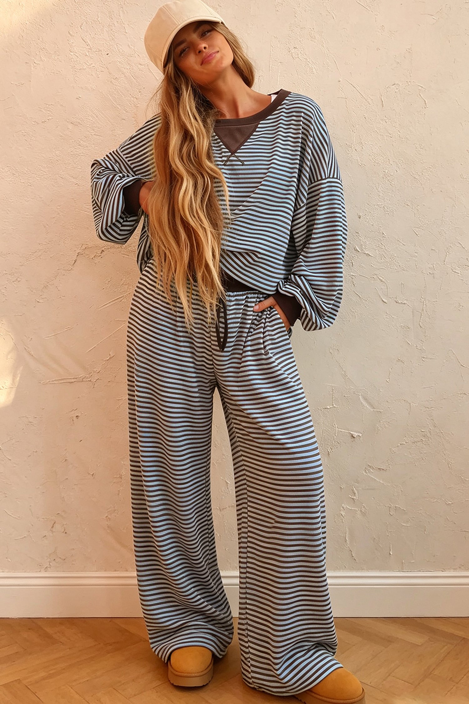 Brown Stripe Drop Shoulder Loose Top and Pants Two Piece Set