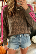 Brown Leopard Print Striped Detail Relaxed Pullover Sweatshirt