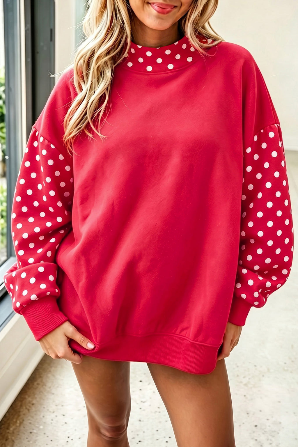 Fiery Red Polka Dot Contrast Round Neck Long Sleeve Baggy Sweatshirt