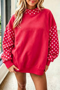 Fiery Red Polka Dot Contrast Round Neck Long Sleeve Baggy Sweatshirt