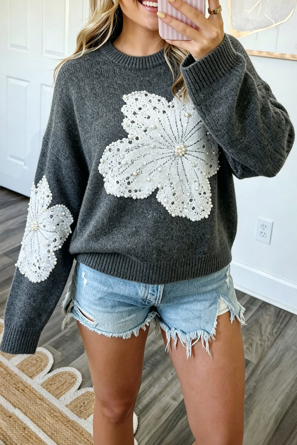 Dark Grey Beaded Floral Accent Casual Round Neck Sweater