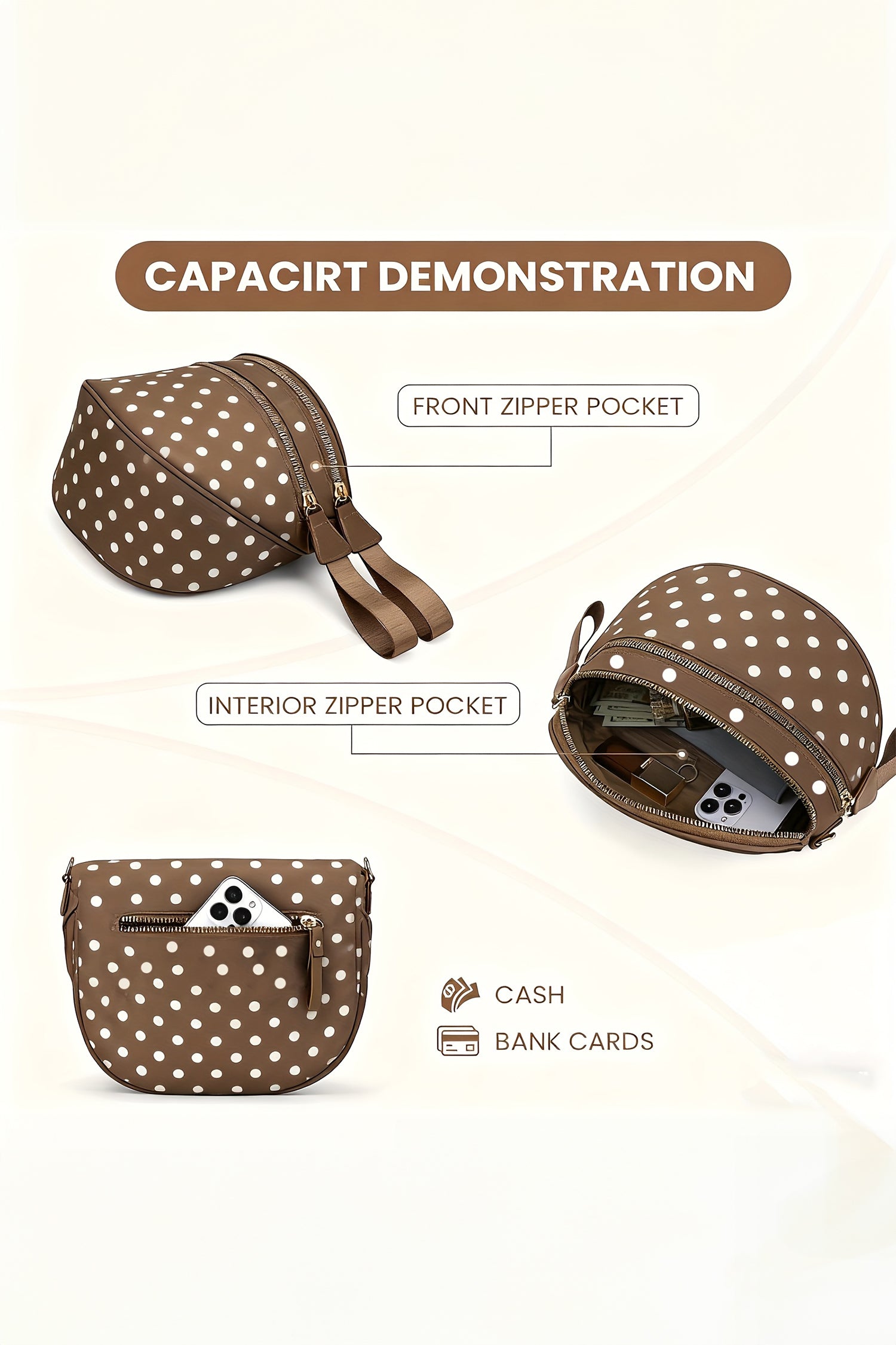 Camel Abstract/ Camouflage/ Polka Dot/ Leopard Print Double Zip Fashion Crossbody Bag
