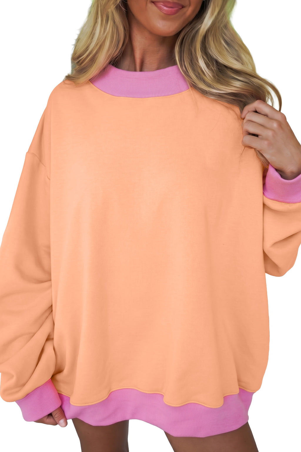 Pink Colorblock Trim Crewneck Long Sleeve Pullover Sweatshirt