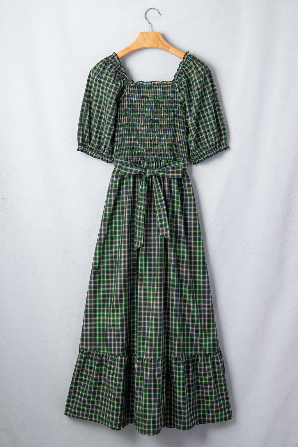 Green Plaid Square Neck Shirred High Waist Ruffle Hem Dress