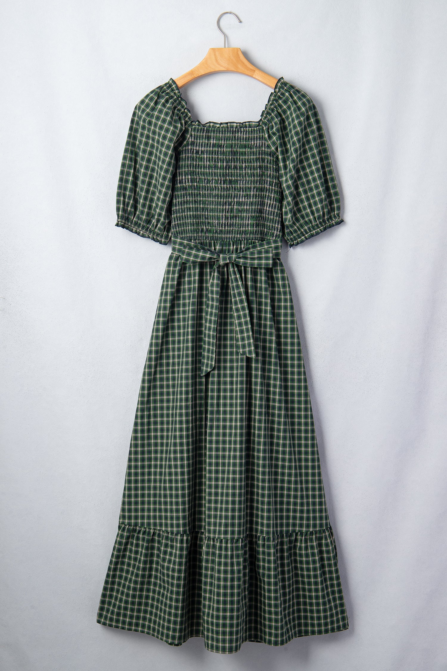 Green Plaid Square Neck Shirred High Waist Ruffle Hem Dress
