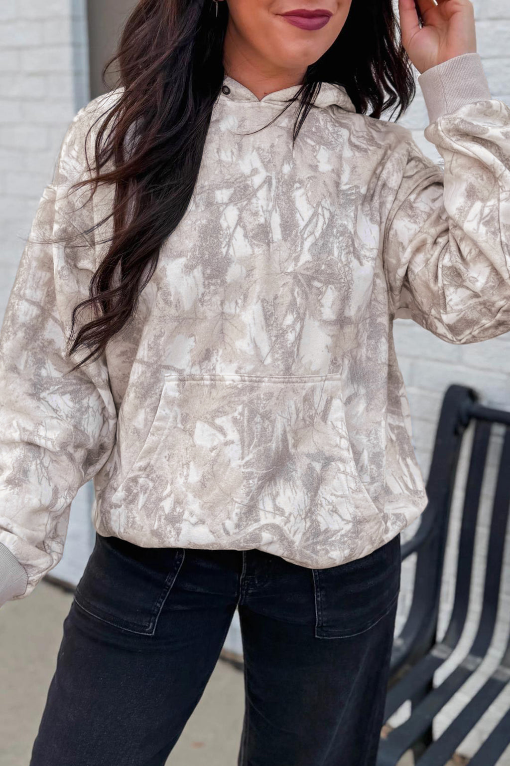 Gray Abstract Print Ribbed Cuffs Hem Long Sleeve Hoodie