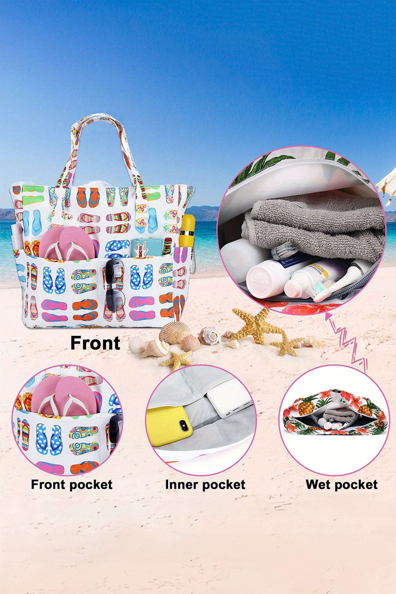 White Waterproof Slippers Pattern Beach Tote Bag