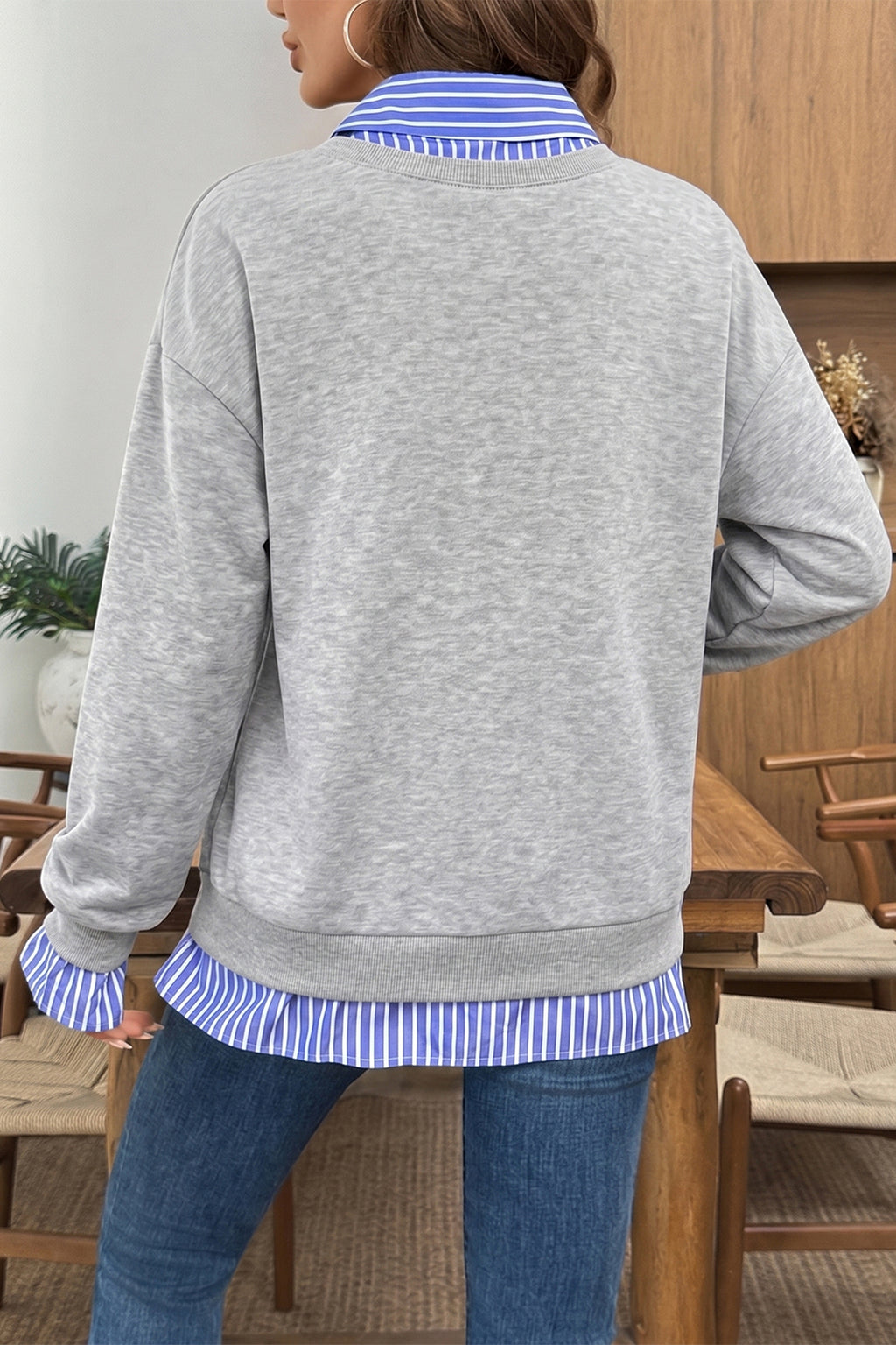 Light Grey Striped Collar 2-in-1 Patchwork Casual Loose Sweatshirt