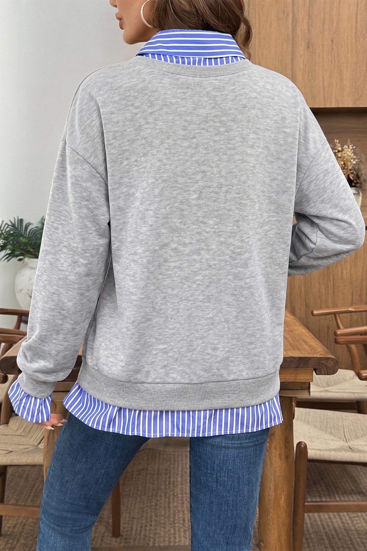 Light Grey Striped Collar 2-in-1 Patchwork Casual Loose Sweatshirt