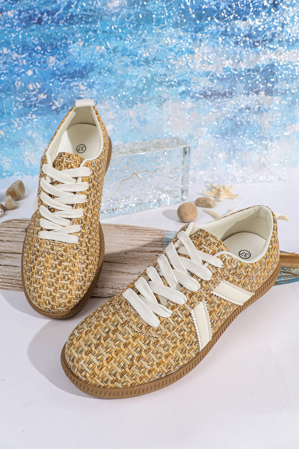 Gold Stylish Woven Lace Up Flat Shoes