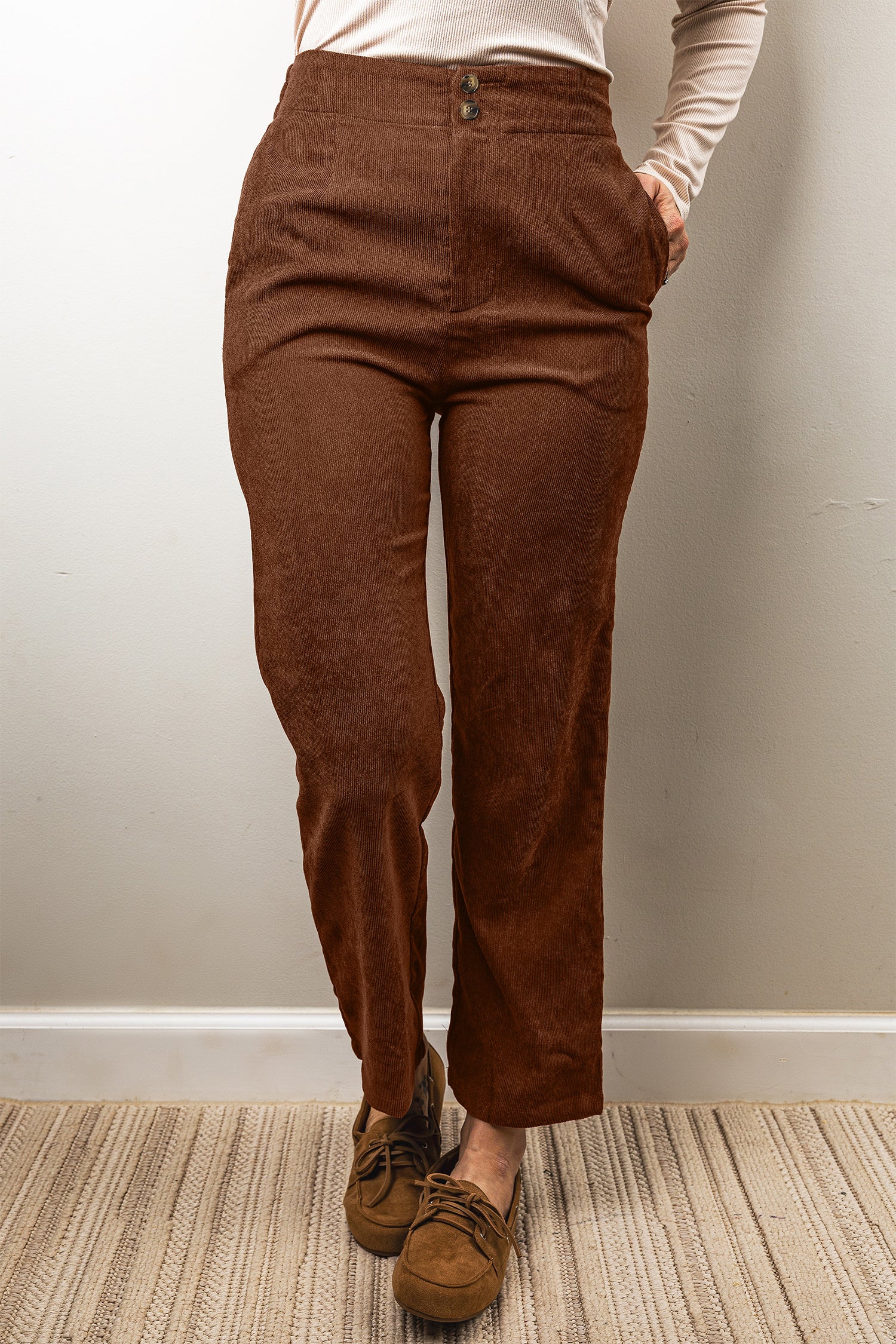 Coffee Elastic Waist Straight Leg Ankle Length Corduroy Pants