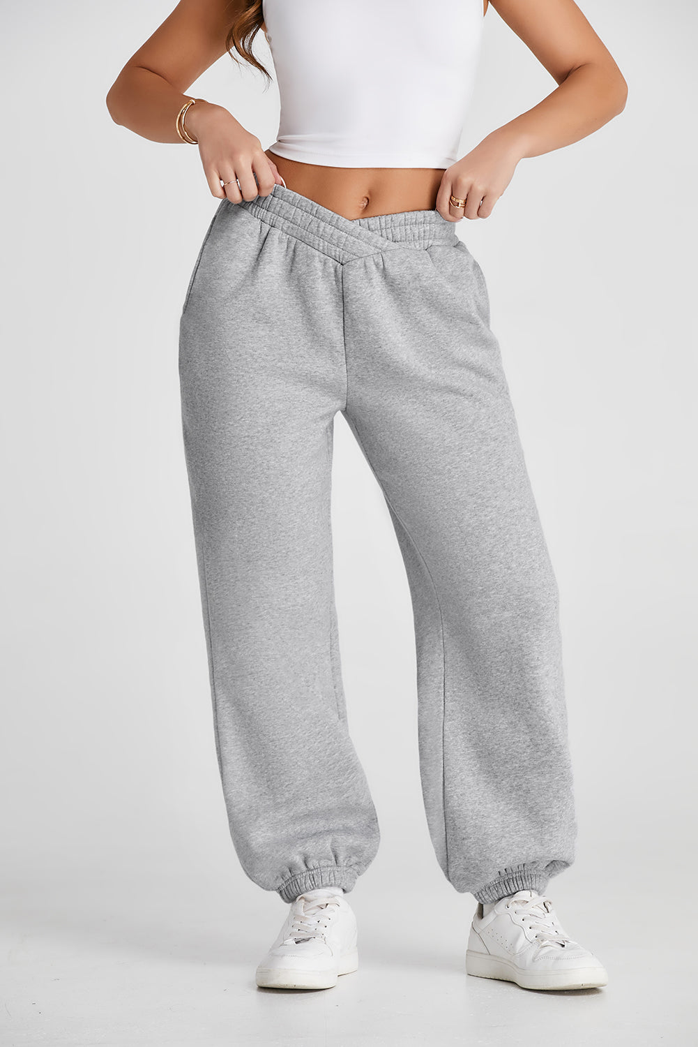 Light Grey Solid Color Crisscross Elastic Waist Sweatpants