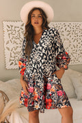Black Retro Floral Mixed Print Split Neck A-line Dress