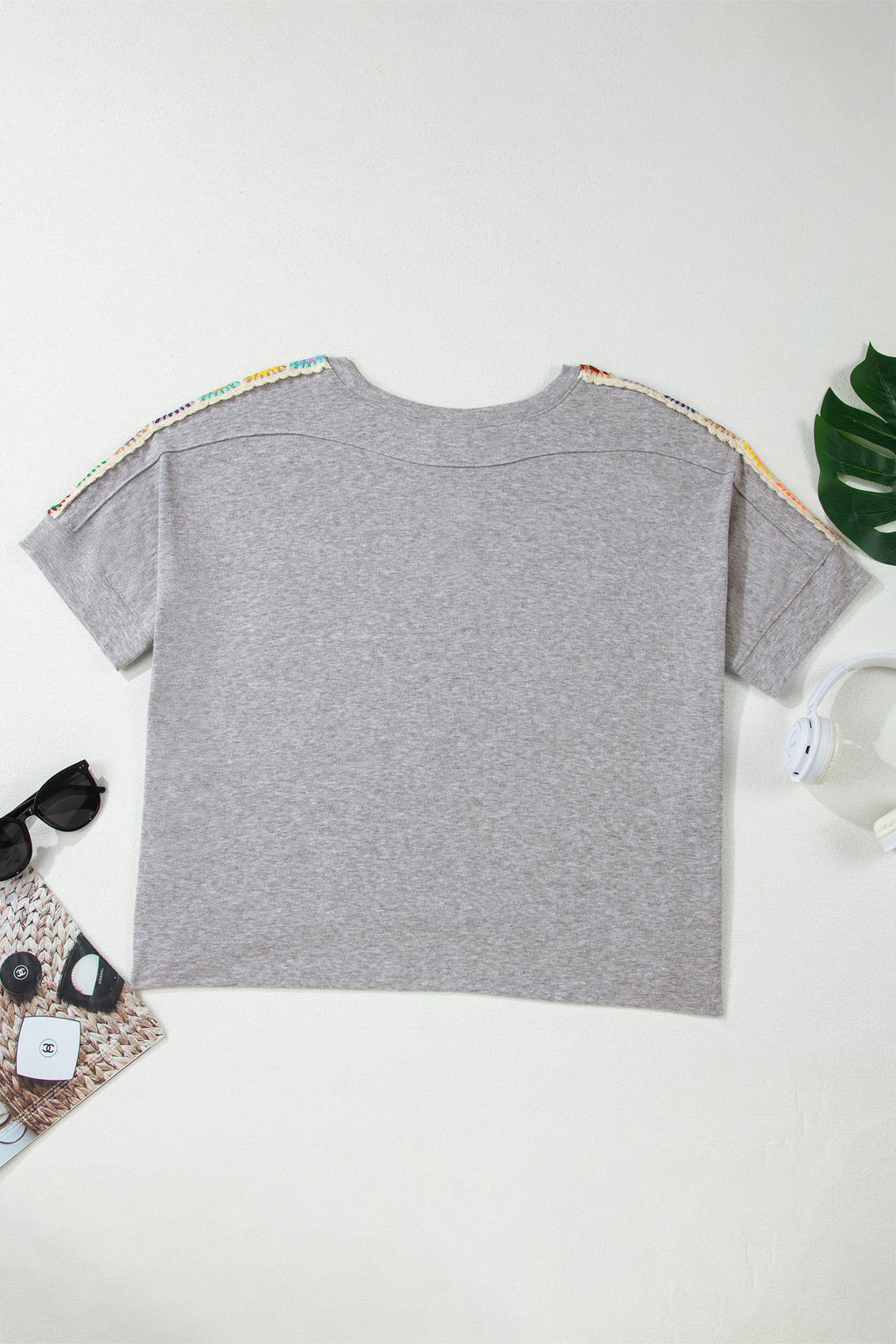 Light Grey Granny Square Crochet Detail Loose T Shirt
