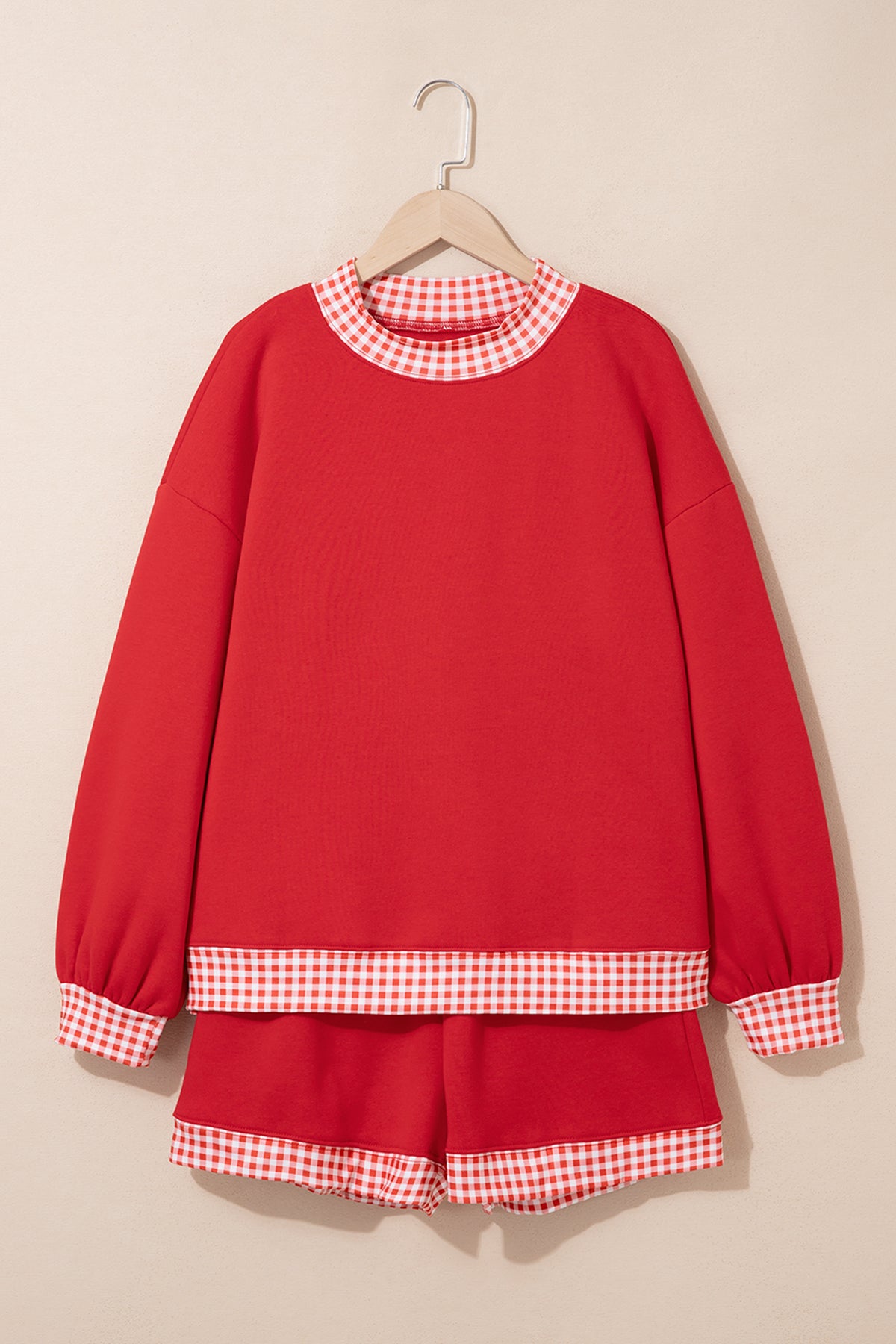 Fiery Red Gingham Trim Baggy Pullover 2pcs Short Set