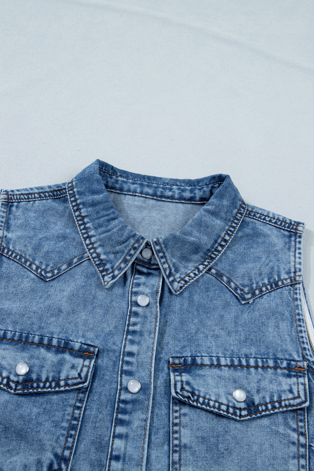 Dusk Blue Buttoned Front Collared Denim Sleeveless Top
