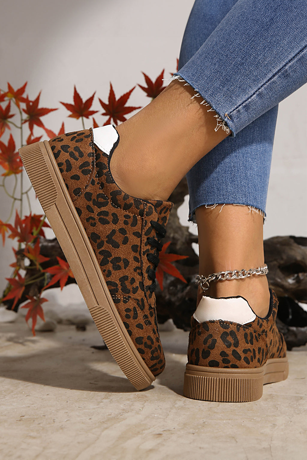 Coffee Leopard Print Contrast Heel Tab Patchwork Laceup Shoes