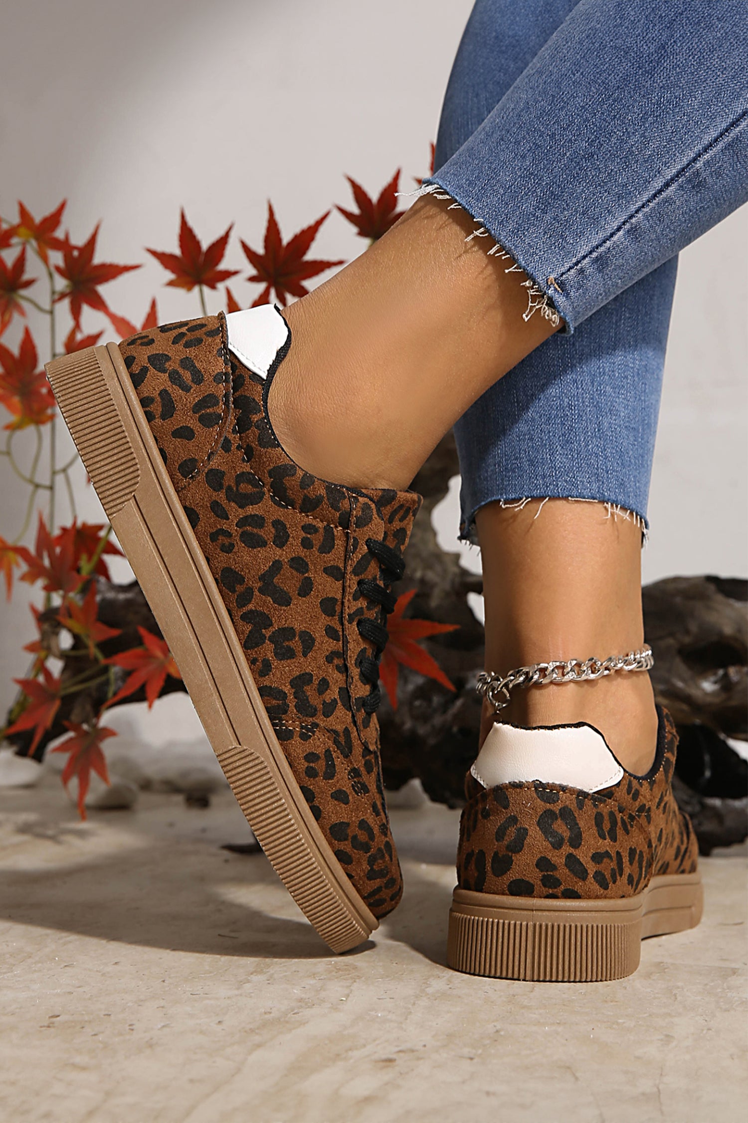 Coffee Leopard Print Contrast Heel Tab Patchwork Laceup Shoes