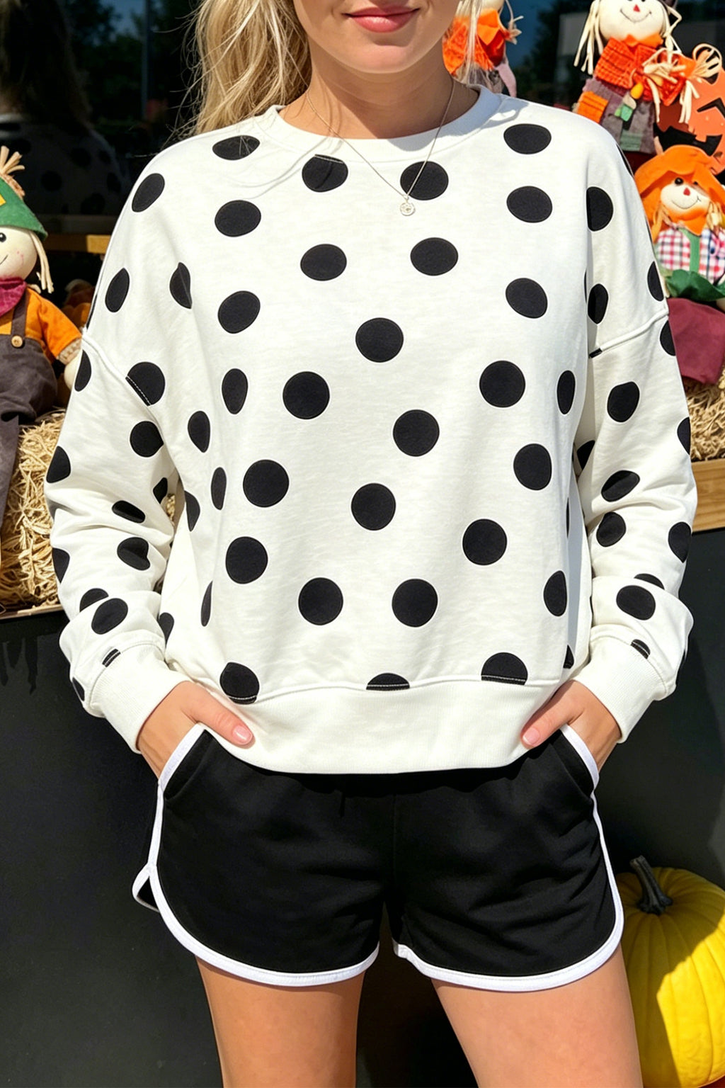 Beige Casual Polka Dot Round Neck Pullover Sweatshirt