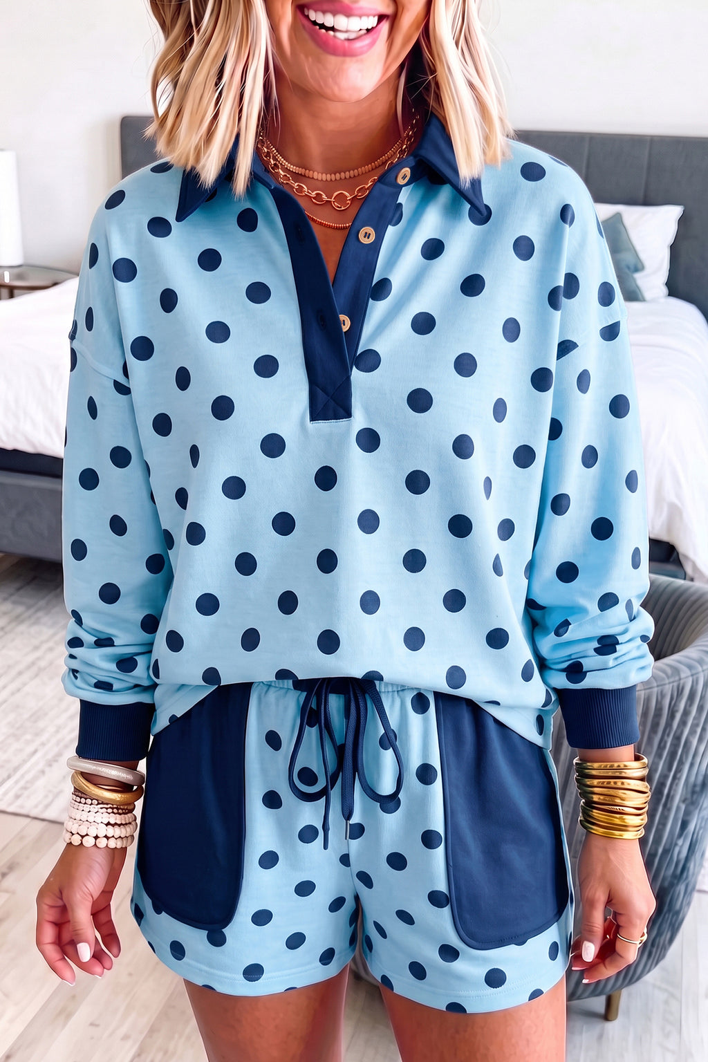 Sky Blue Polka Dot Drop Shoulder Polo Loose Pullover Patch Pocket Casual Shorts Set