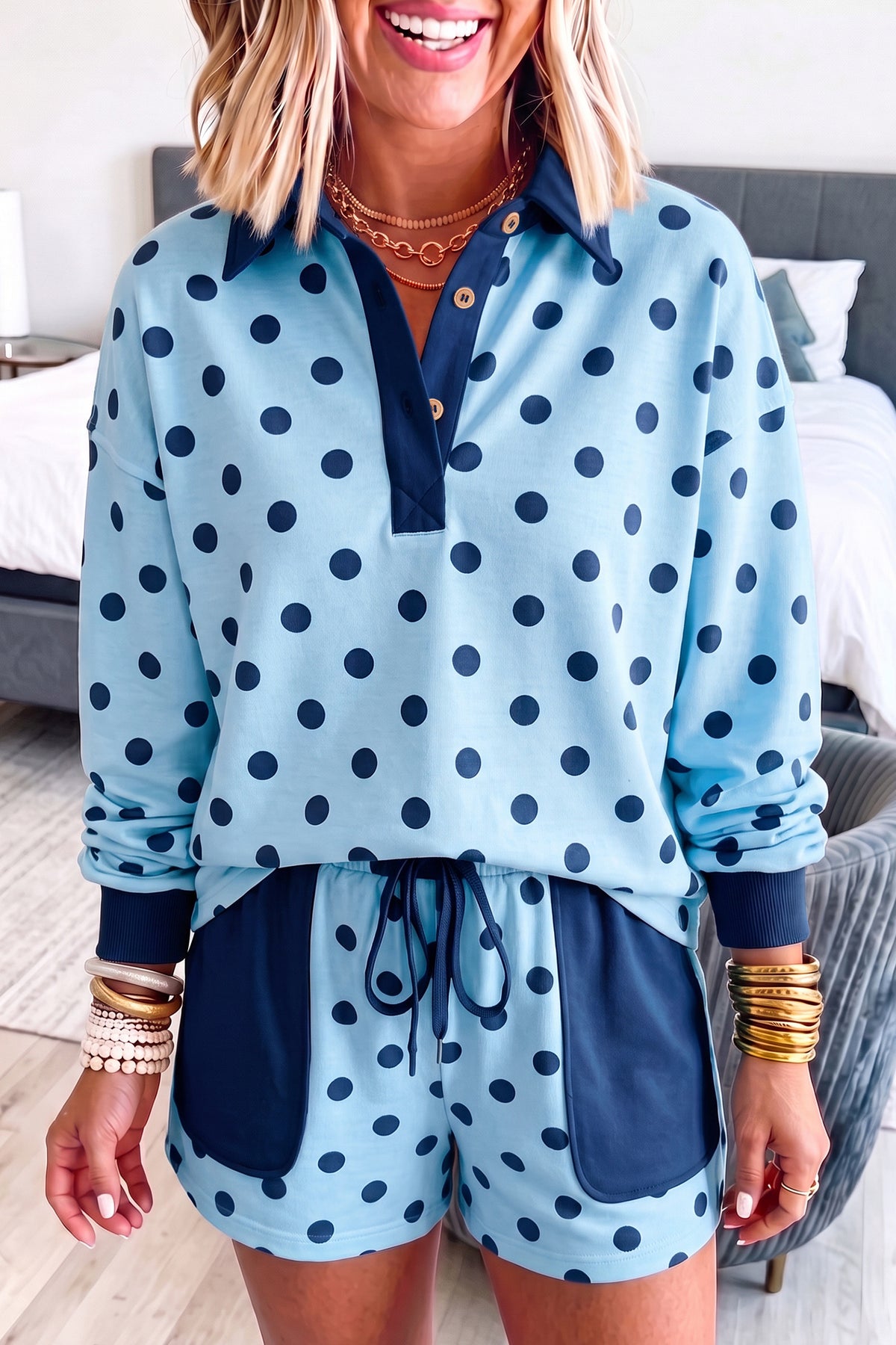 Sky Blue Polka Dot Drop Shoulder Polo Loose Pullover Patch Pocket Casual Shorts Set
