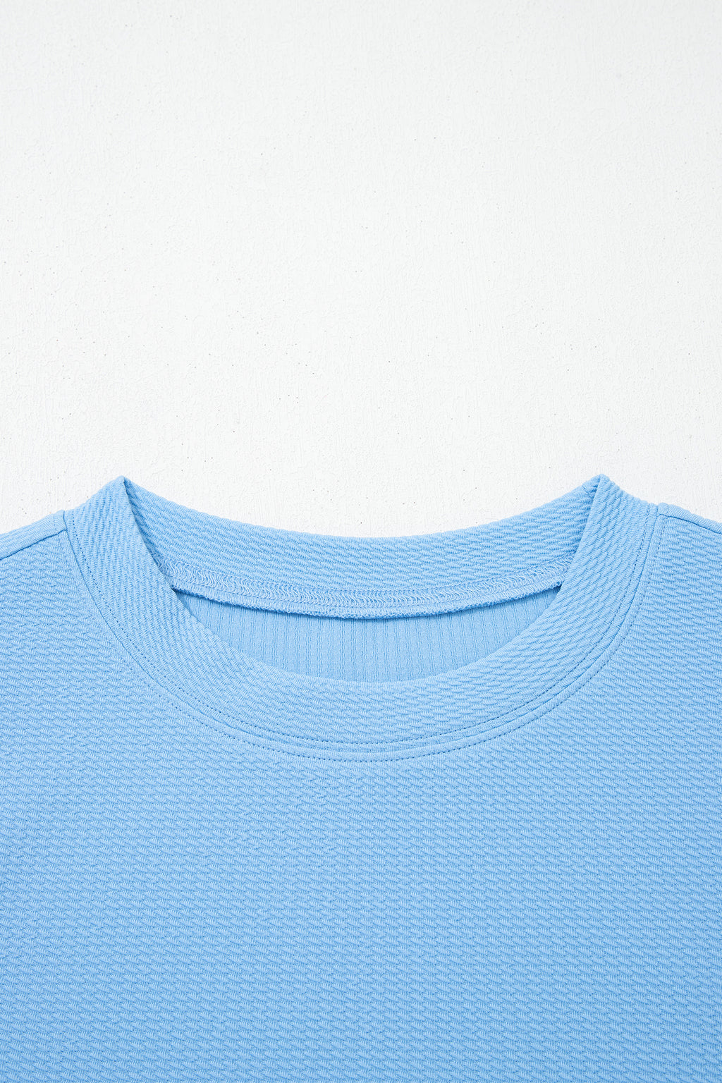 Light Blue Round Neck Textured Contrast Floral Bubble Sleeve Blouse