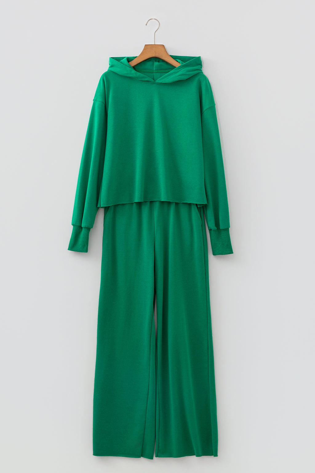 Bright Green Solid Color Hooded Long Sleeve Elastic Waist Pocket Pant Set