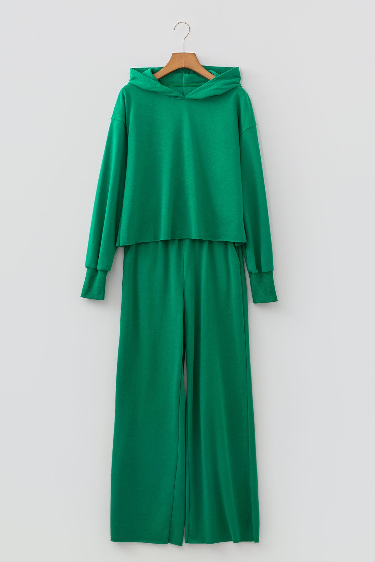 Bright Green Solid Color Hooded Long Sleeve Elastic Waist Pocket Pant Set