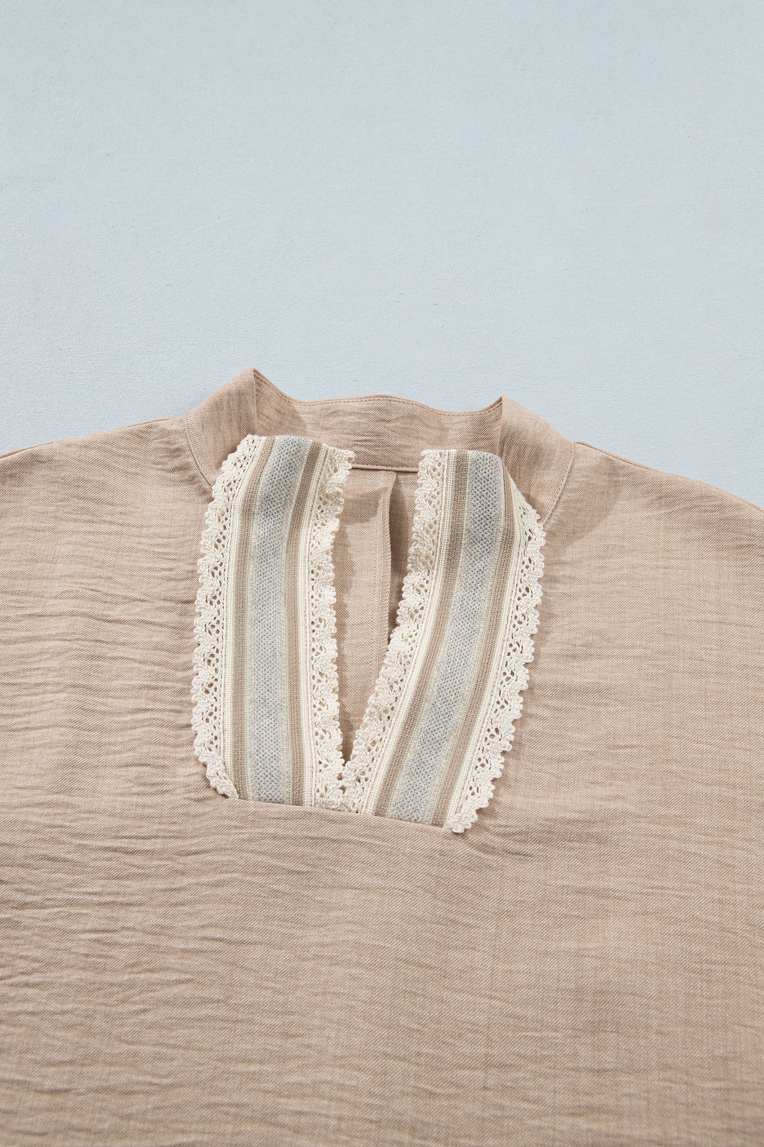 Parchment Crochet Lace Accent Pullover Rolled Short Sleeve Blouse