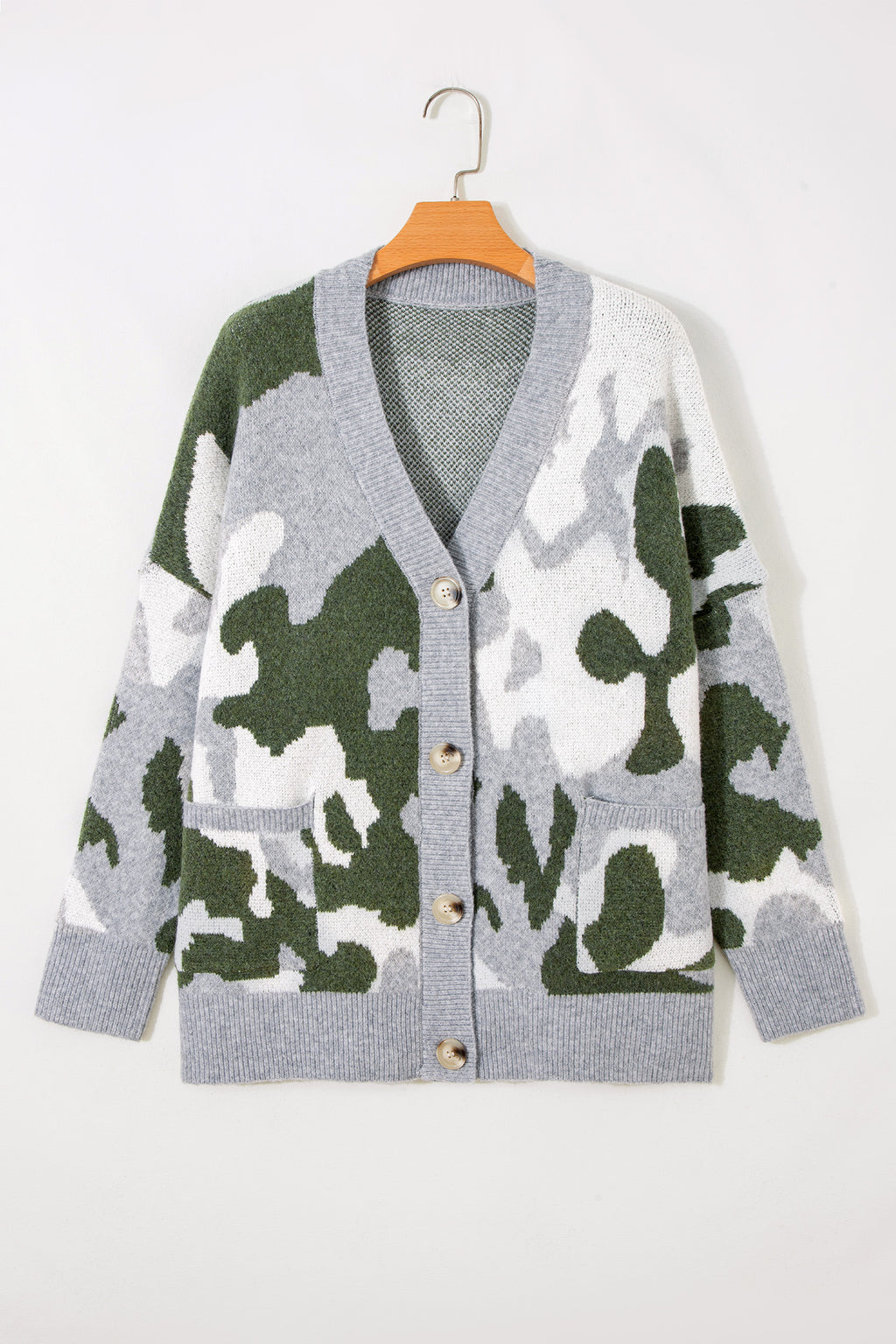 Green Camouflage Drop Shoulder V Neck Button Front Cardigan