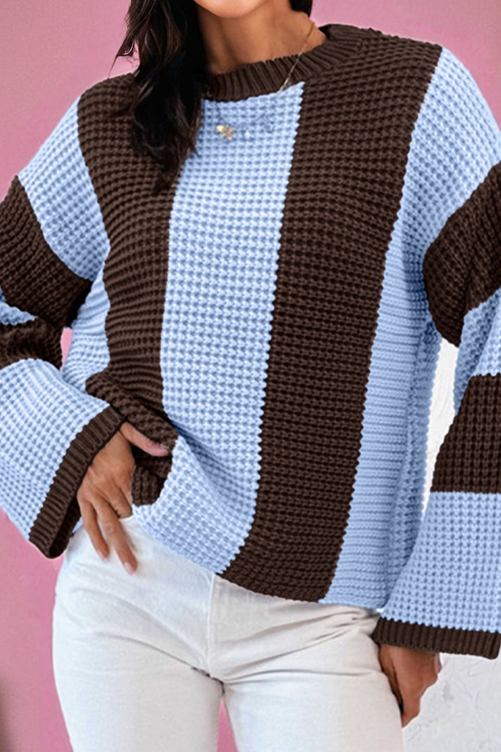 Myosotis Striped Color Block Thermal Textured Knit Drop Shoulder Sweater