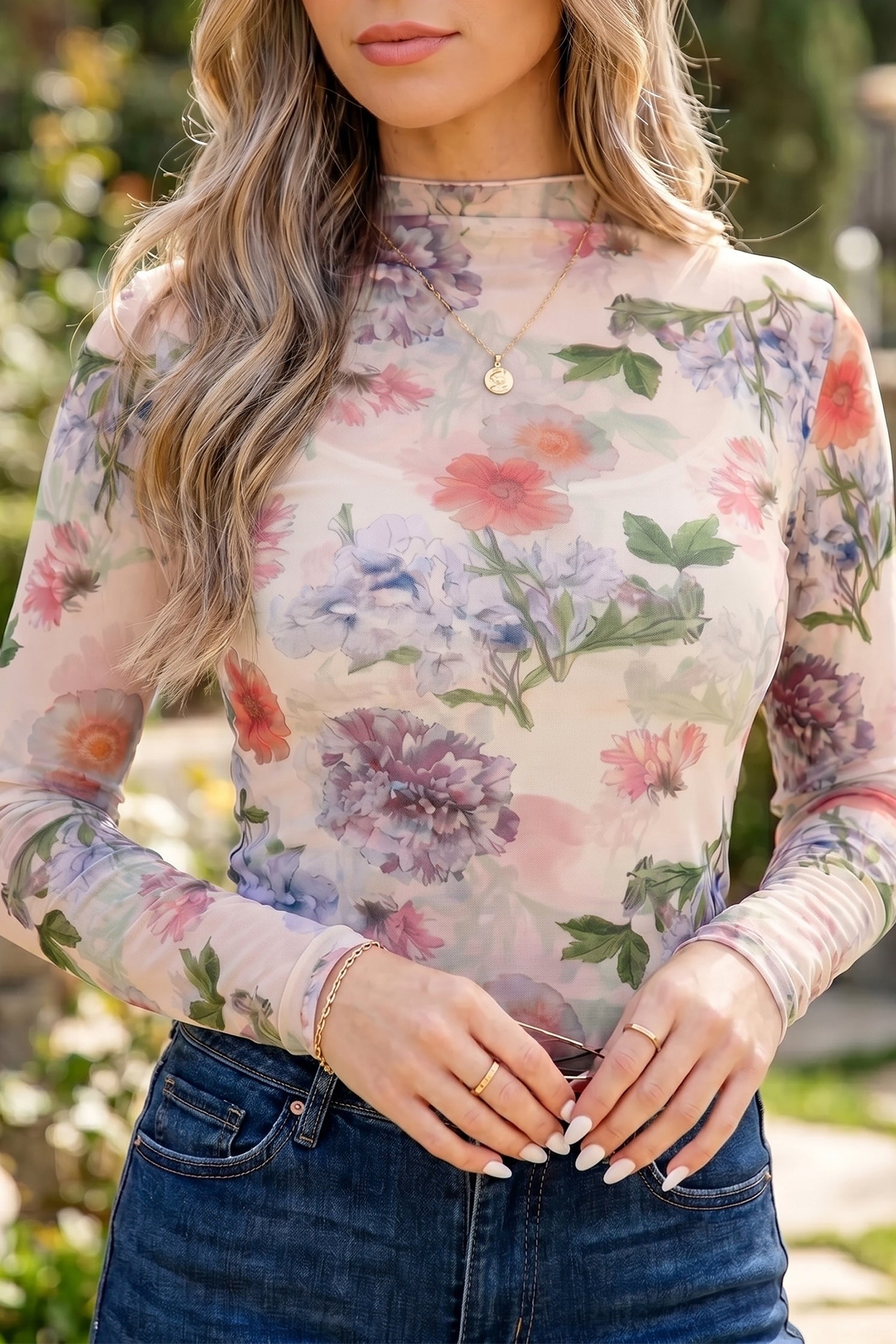 Apricot Floral Print Mock Neck Thumbhole Long Sleeve Top