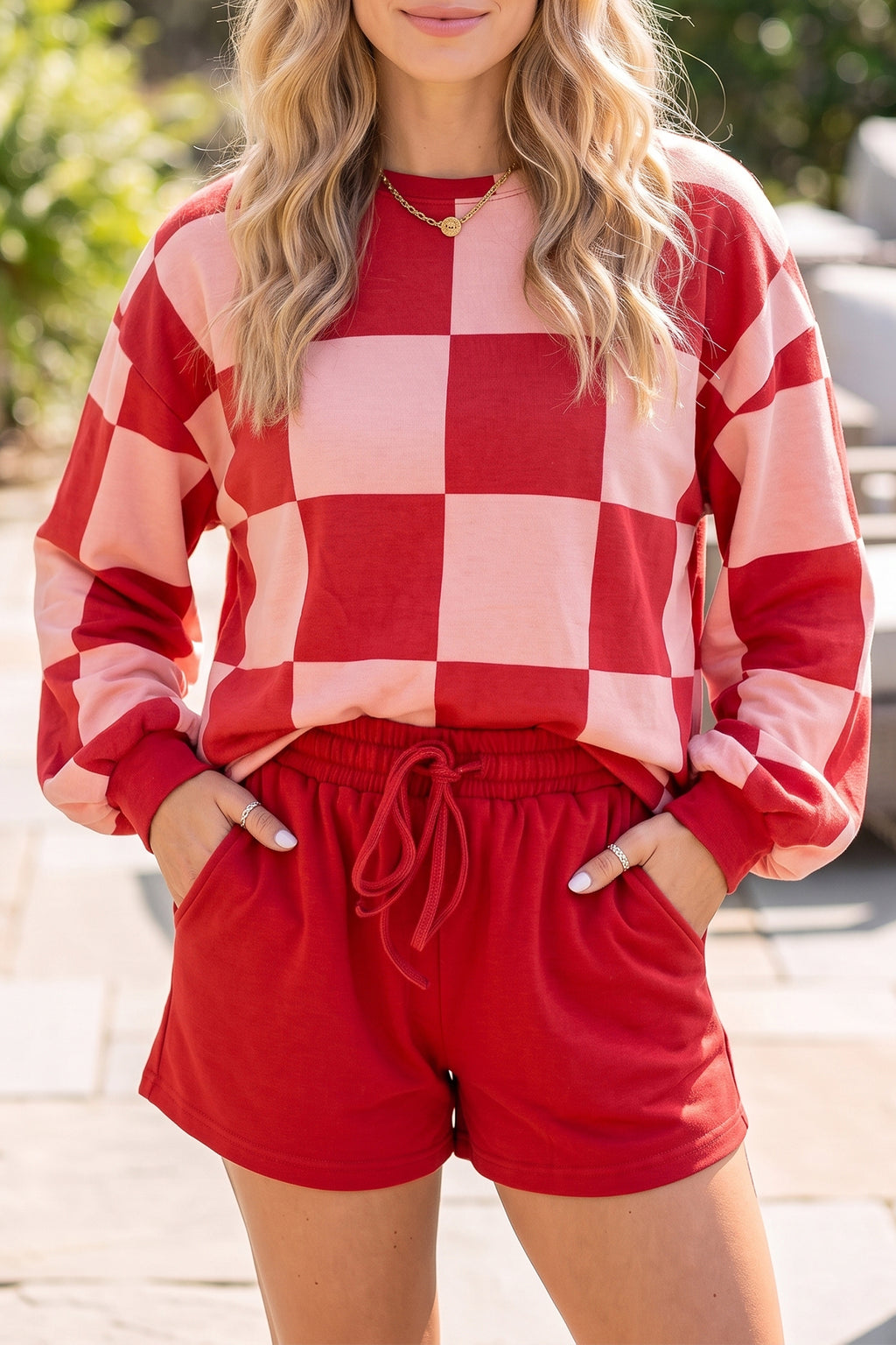 Red Checkerboard Plaid Long Sleeve Solid Color Shorts 2pcs Set