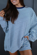 Sky Blue Stripe Long Sleeve Oversized Top Pocketed Casual Shorts Two Piece Set