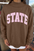 Coffee Exposed Seam Mock Neck STATE Letter Graphic Loose Sweatshirt