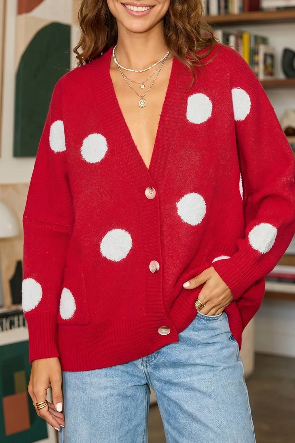 Red Polka Dot Button Front Oversized V Neck Cardigan