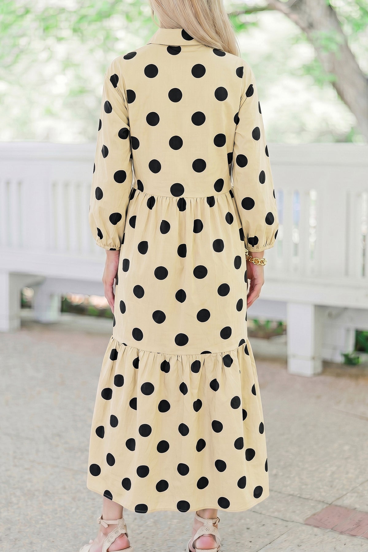 Apricot Polka Dot Button Front Long Sleeve Shift Dress