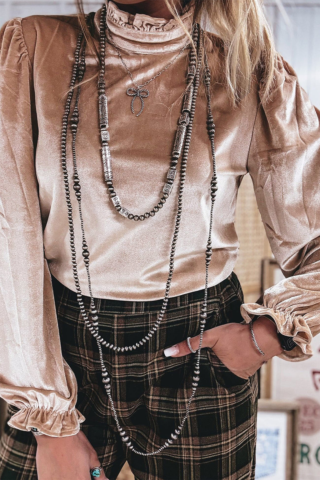 Smoke Gray Western Style Long Sleeve Stand Neck Velvet Top