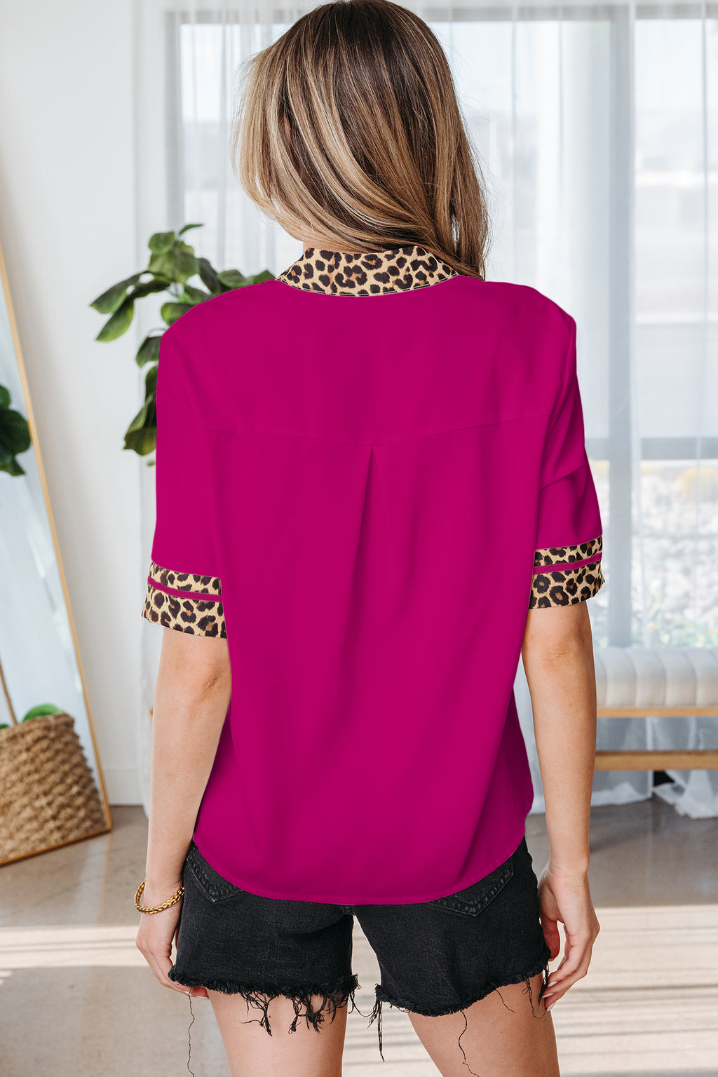 Jet Stream Leopard Patchwork Trim Split Neck Short Sleeve Blouse