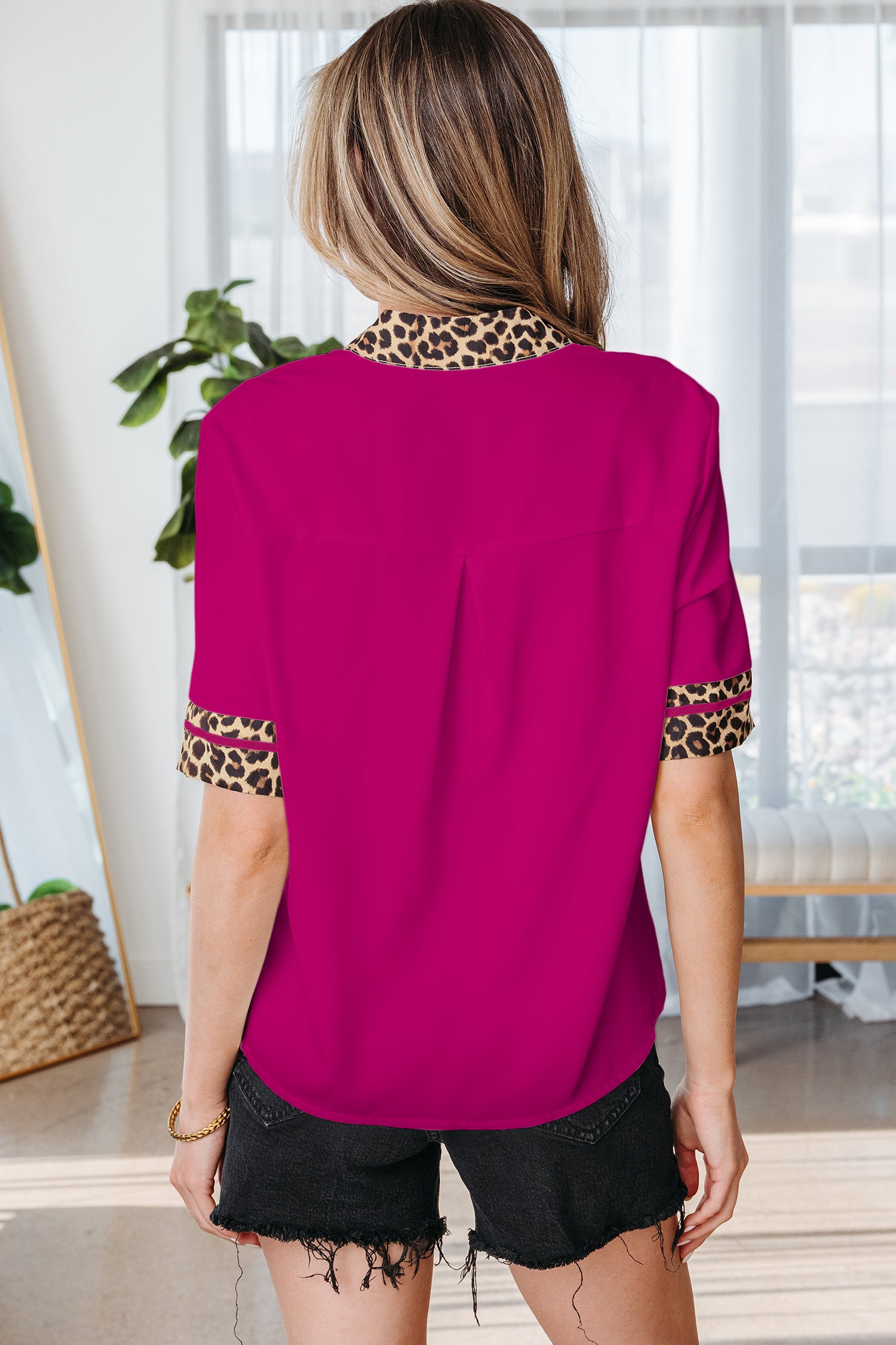 Jet Stream Leopard Patchwork Trim Split Neck Short Sleeve Blouse