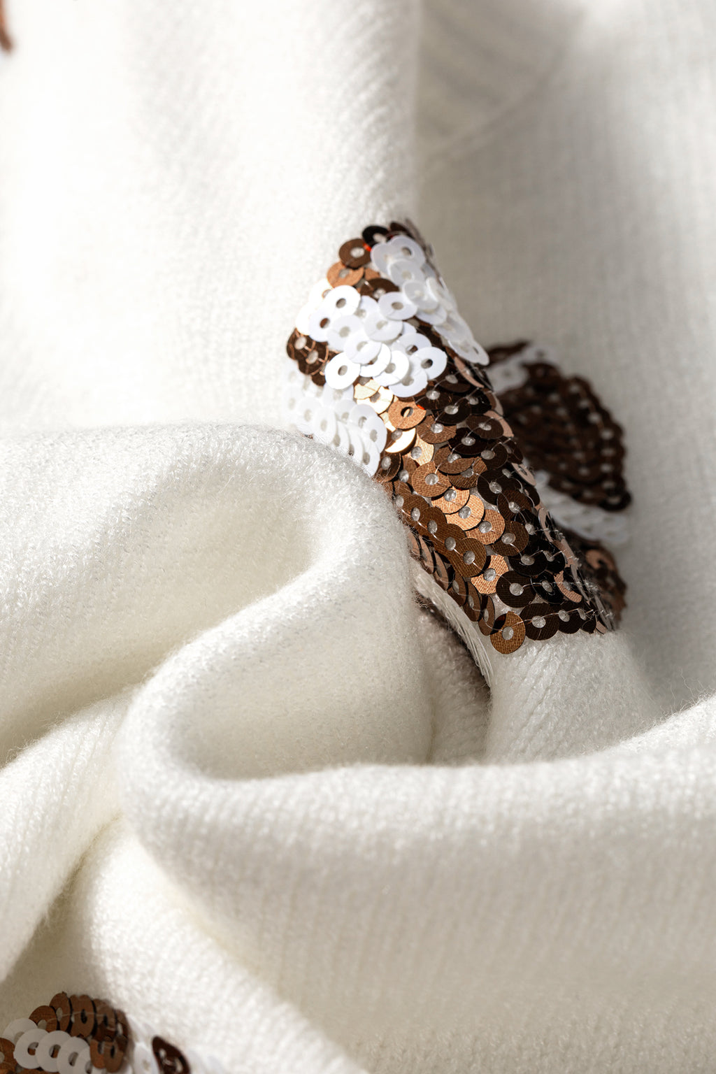Beige Sequin Football Print Round Neck Long Sleeve Loose Fit Sweater