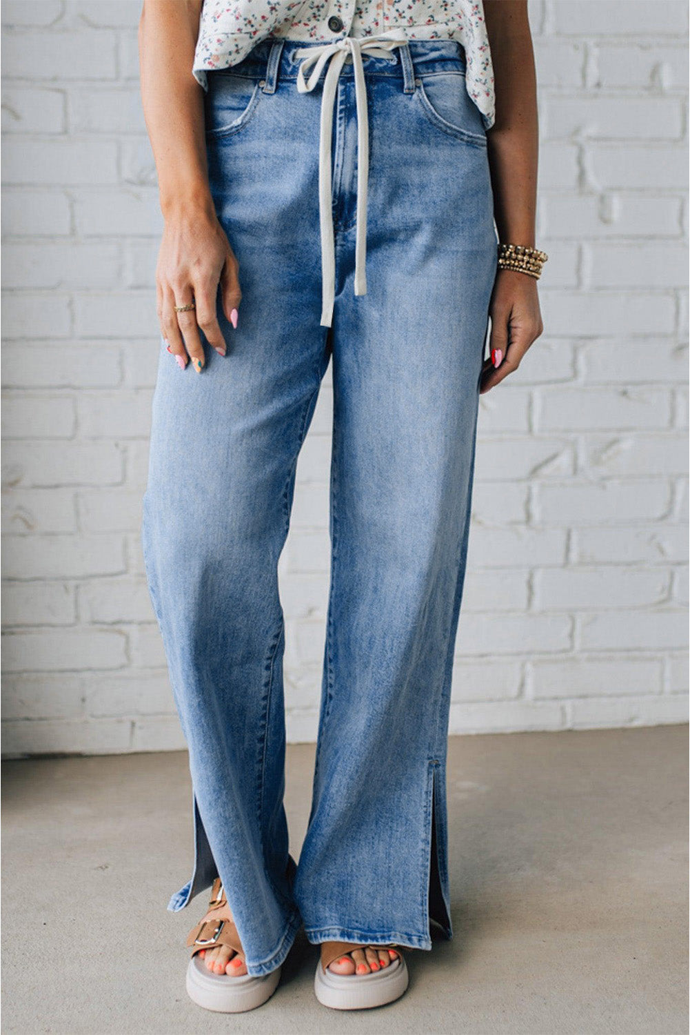 Myosotis Slit Leg High Rise Drawstring Casual Jeans