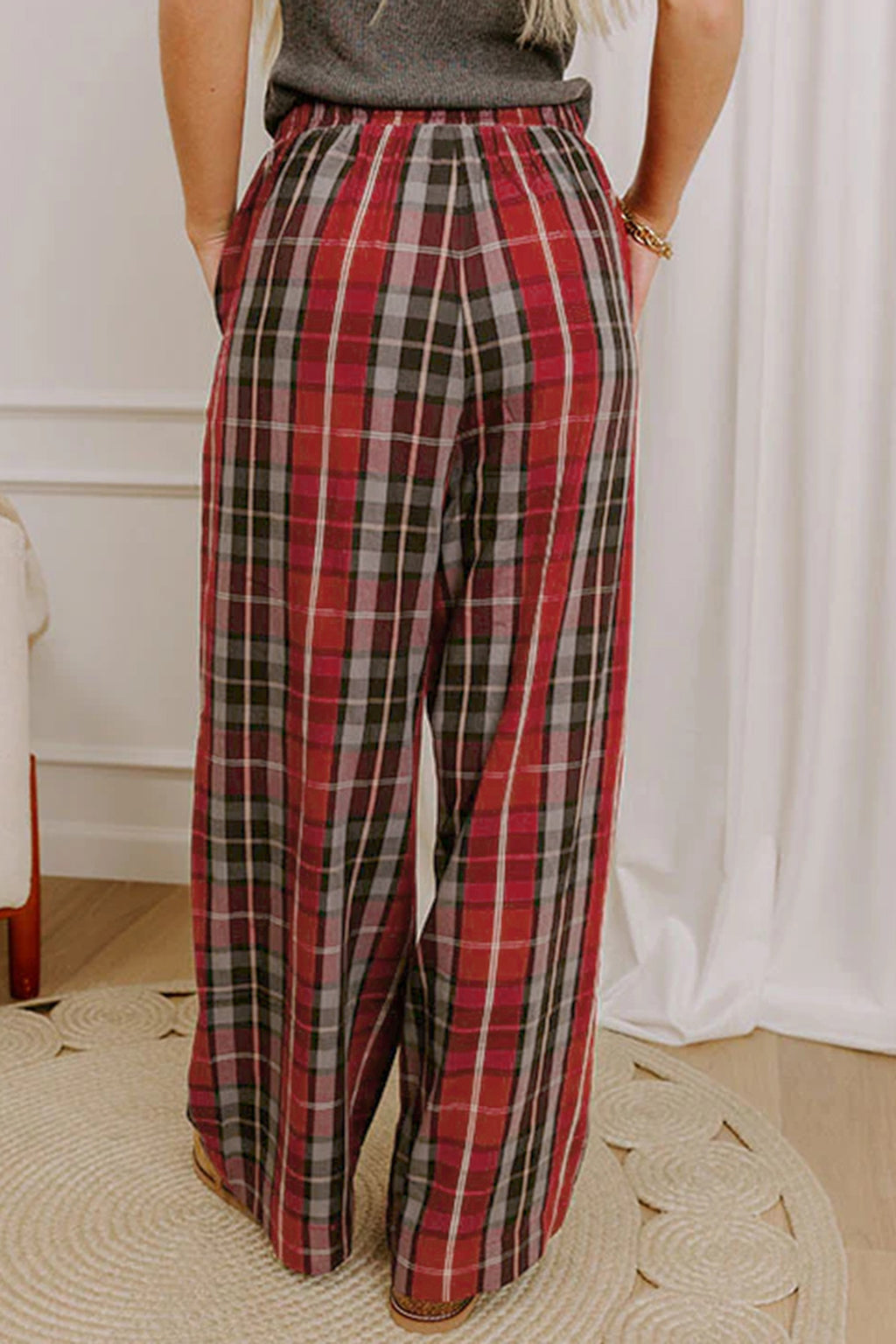 Red Plaid Elastic Waist Pocket Regular Full-Length Pants