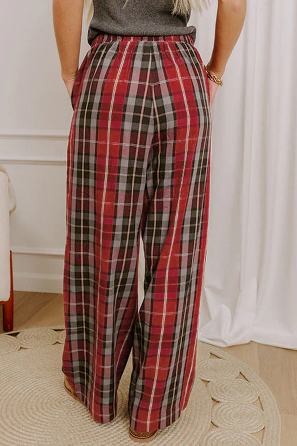 Red Plaid Elastic Waist Pocket Regular Full-Length Pants