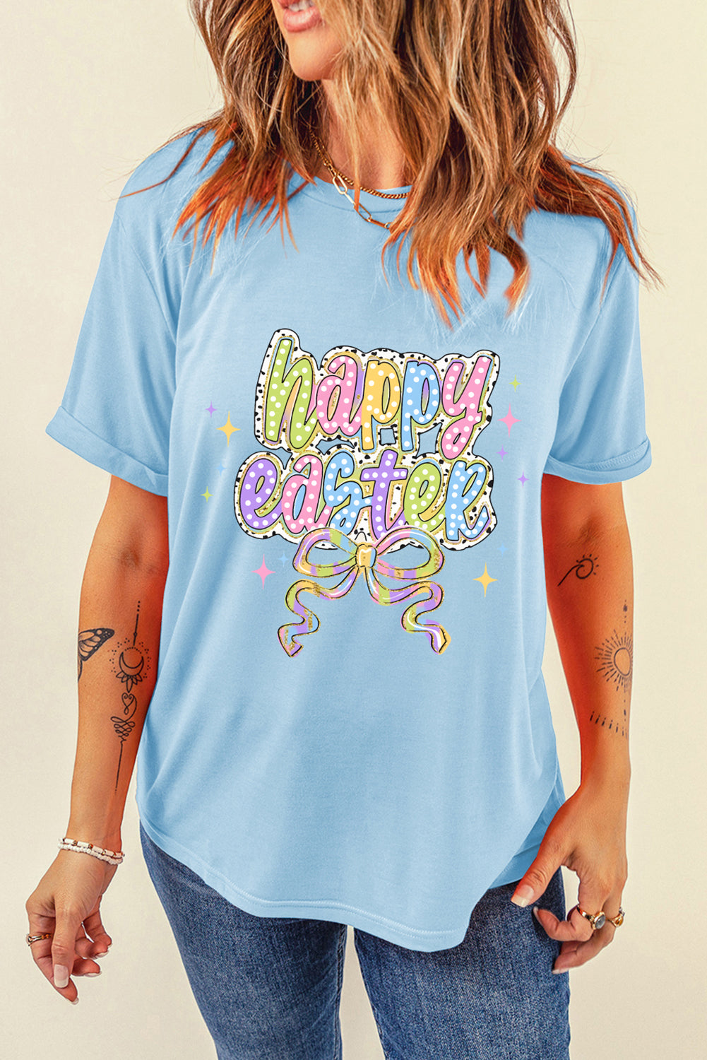Light Blue happy easter Bowknot Printed Crewneck T Shirt