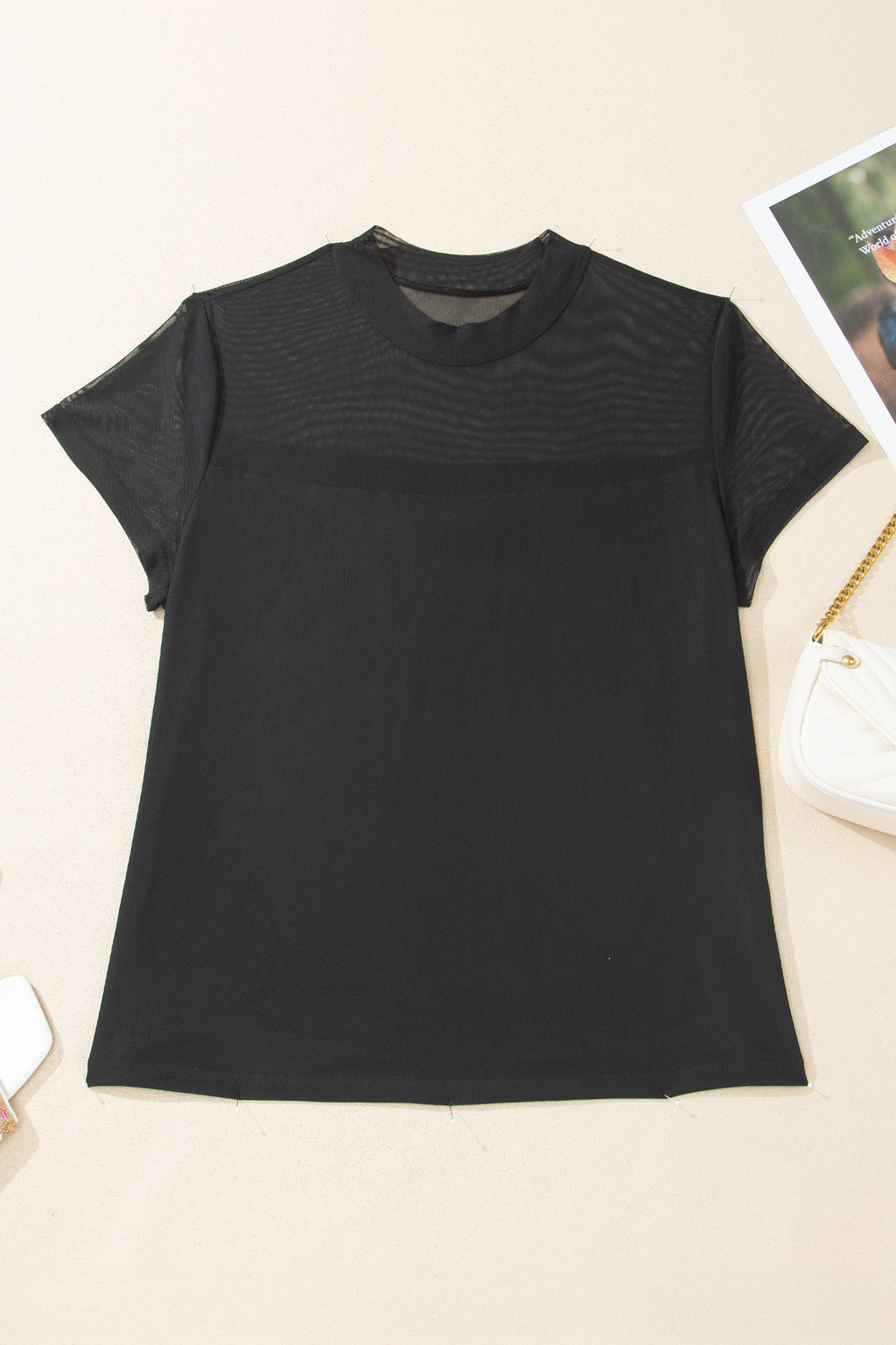 Black Plus Size Sheer Mesh Panel Short Sleeve Top