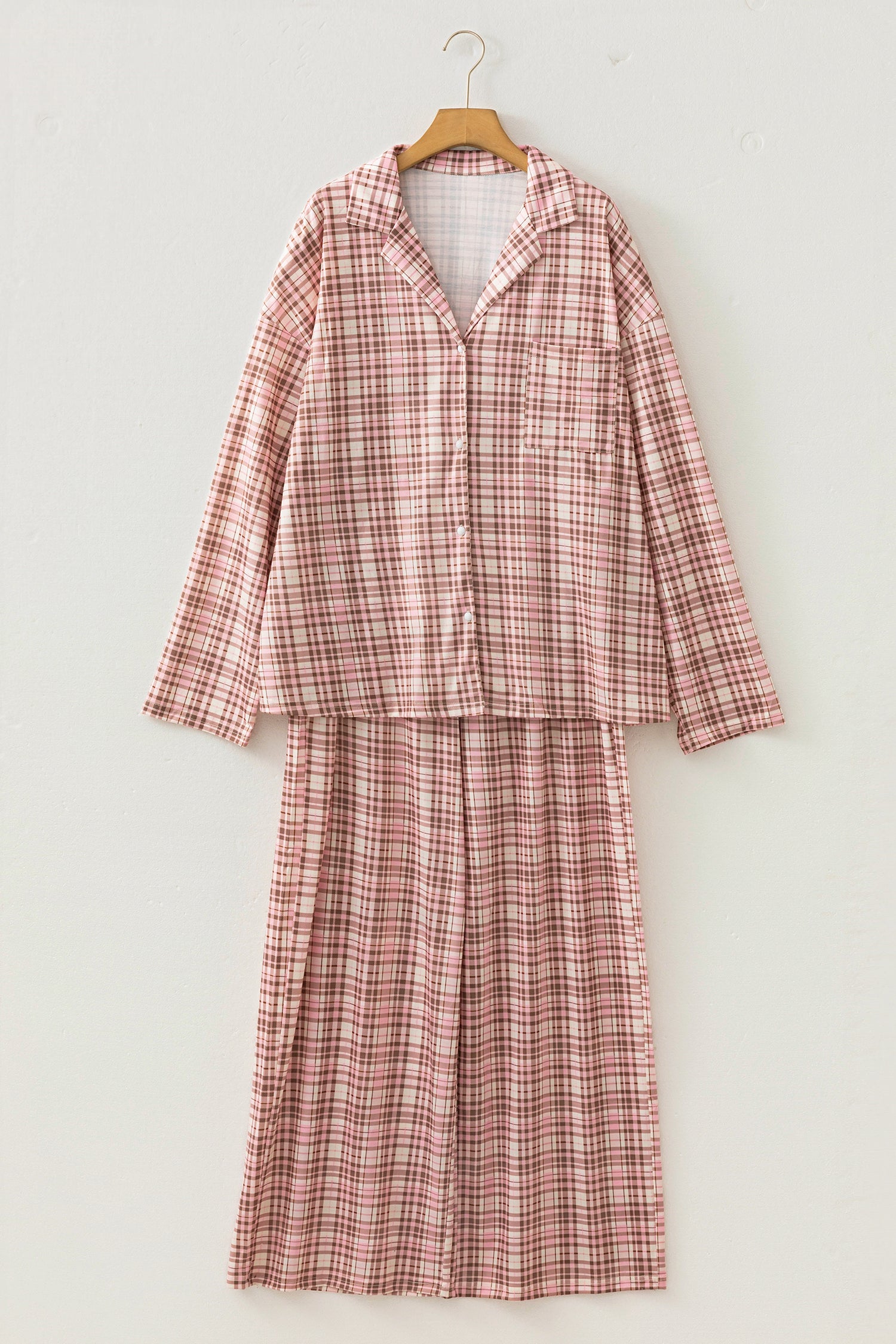 Pink Plaid Patch Pockets Long Sleeve Lounge Set