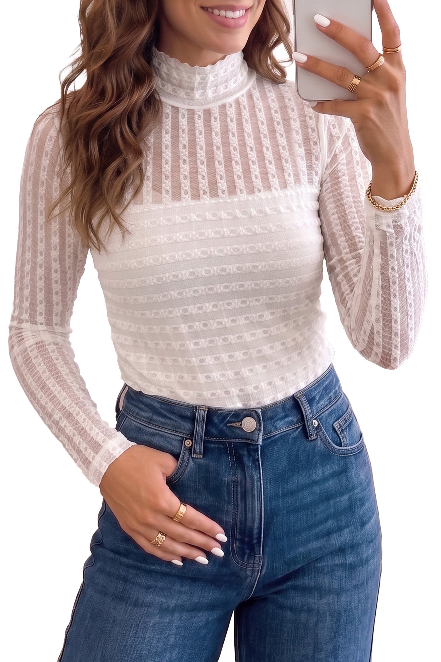 Beige Textured Sheer Lace High Neck Long Sleeve Top