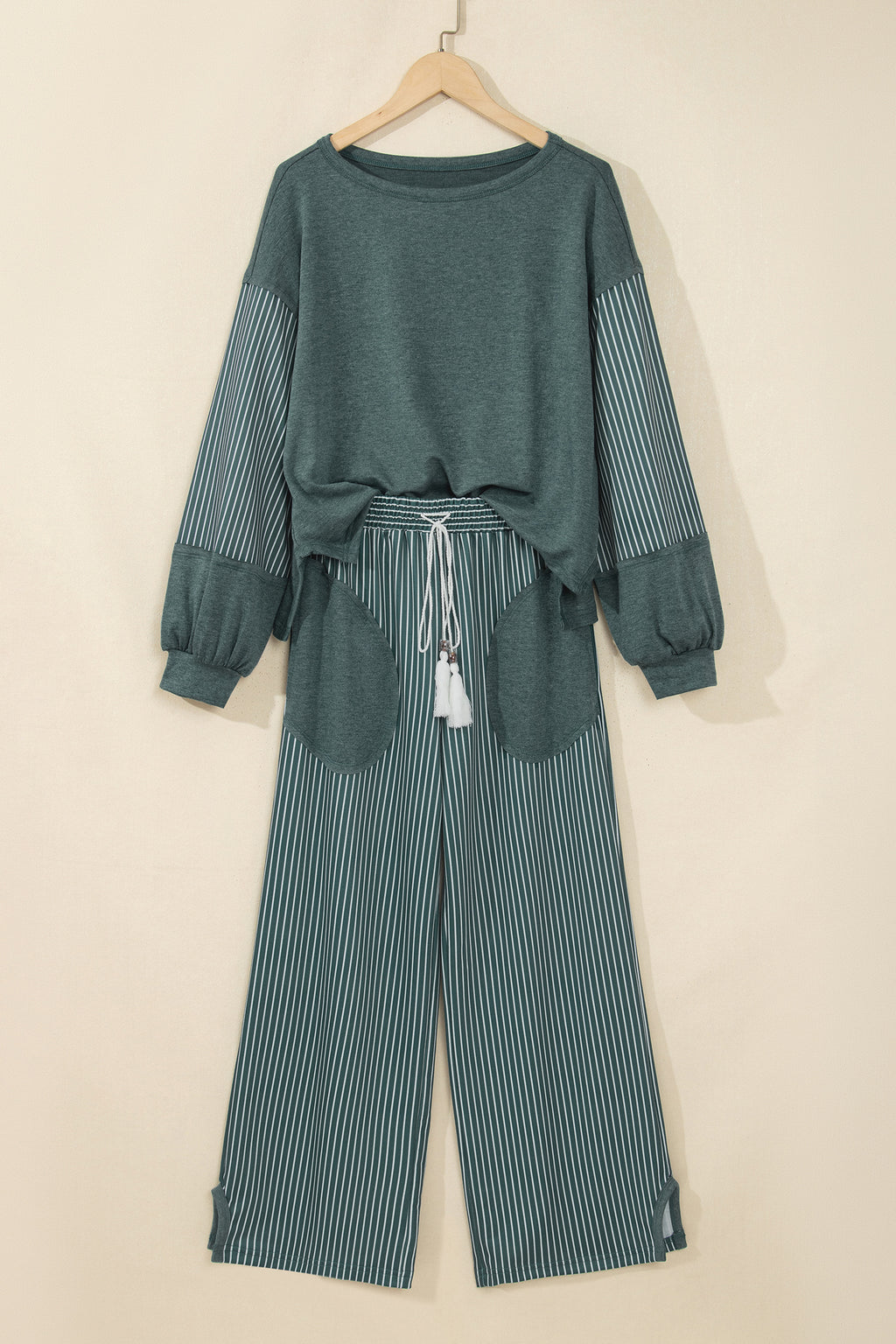 Green Bay Raw Seam Patchwork Long Sleeve Top Pocket Casual Pants 2pcs Set