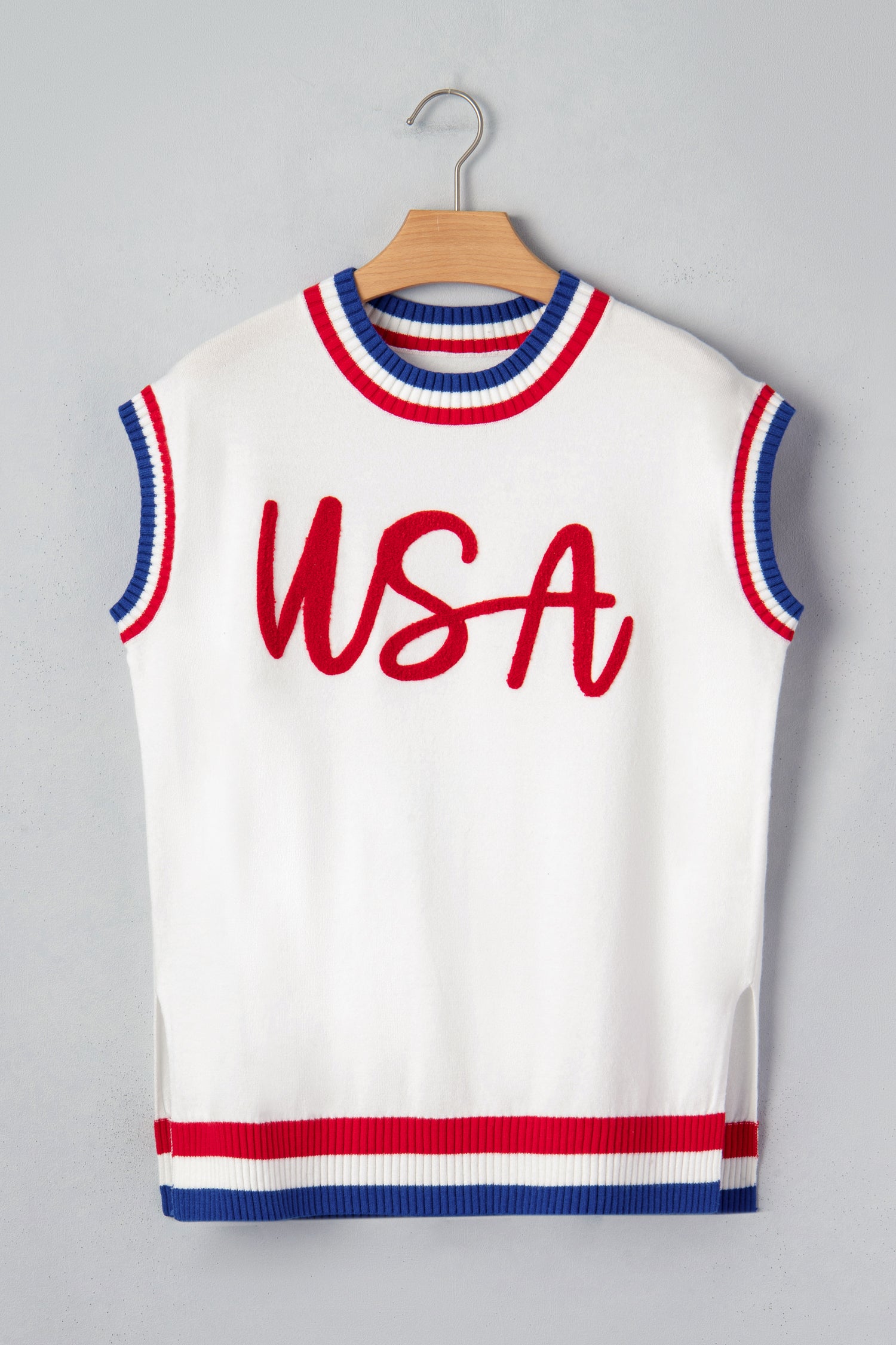 White USA Contrast Striped Trim Round Neck Short Sleeve Sweater